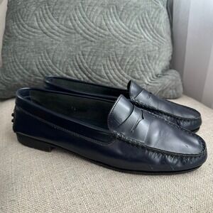 Tod's Women's Vintage Leather Penny Loafers Navy Blue Driving Shoes Size‎ 39.5